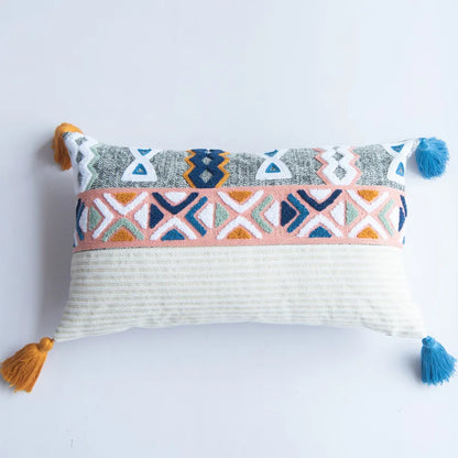 DecorBites™ Geometric Embroidered Cushion Cover with Tassels for Home Decor