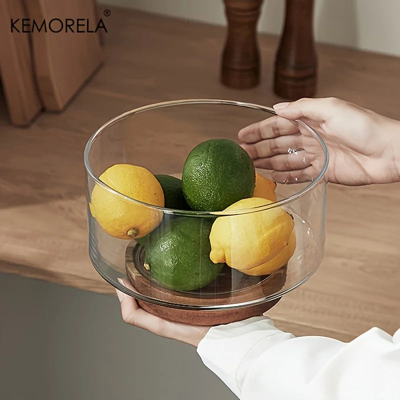 DecorBites™ Creative Glass Fruit Bowl with Wood Base - Large Salad Bowl for Snacks, Popcorn, Nuts, and More