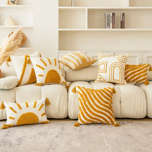 DecorBites™ Golden Yellow Geometric Tufted Tassel Cushion Cover - Modern Boho Home Decor