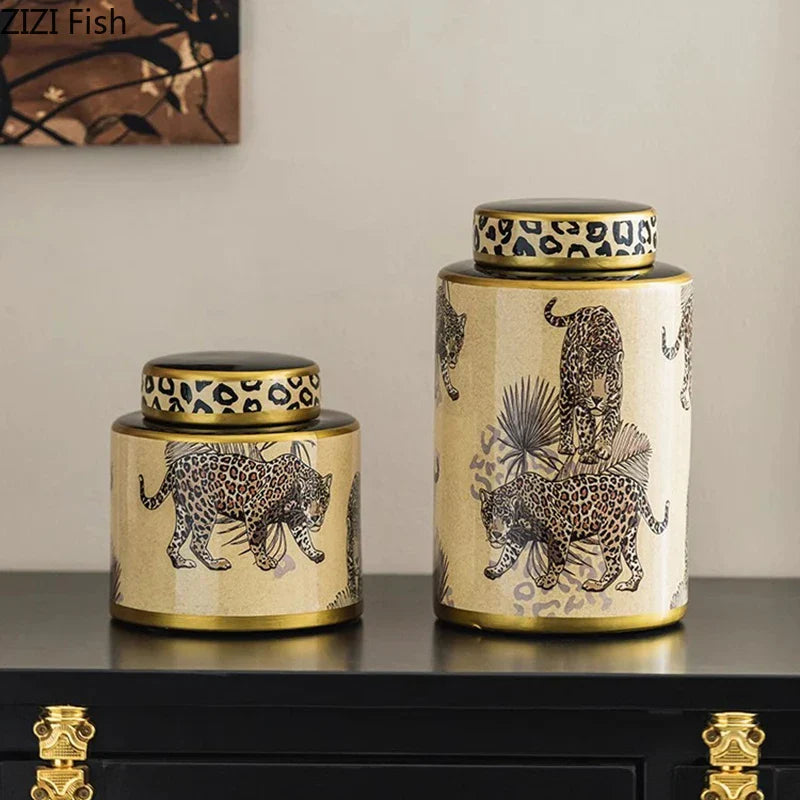 DecorBites™ Leopard Pattern Tank Ceramic Storage Jar with Lid for Jewelry and Cosmetics