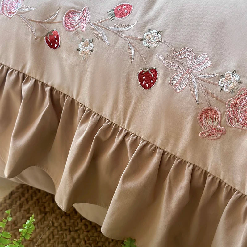 Decorbites™ Koreanische Prinzessin-Stil Besticktes Bettwäsche-Set mit Plissierter Volants aus Ägyptischer Baumwolle