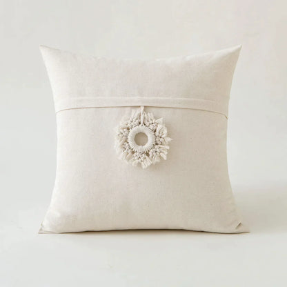 DecorBites™ Beige Tufted Fringed Cushion Cover Cotton Linen Tassel Crochet Pillow Cover