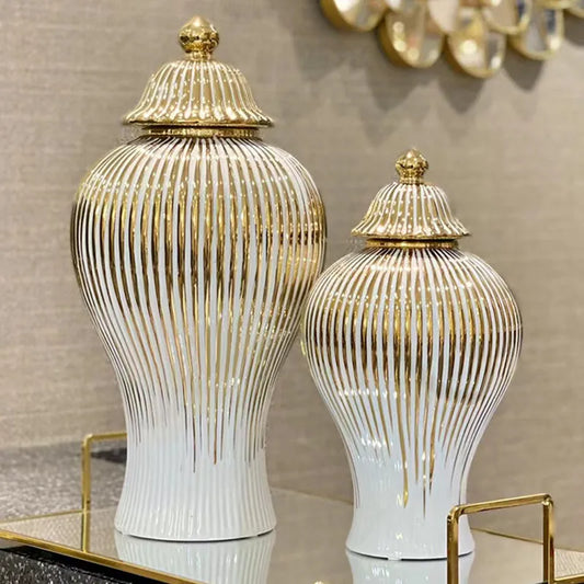 Decorbites™ Gold gestreifter Keramik-Glasvasen-Handgefertigtes Porzellan-Haustdekor-Speicher