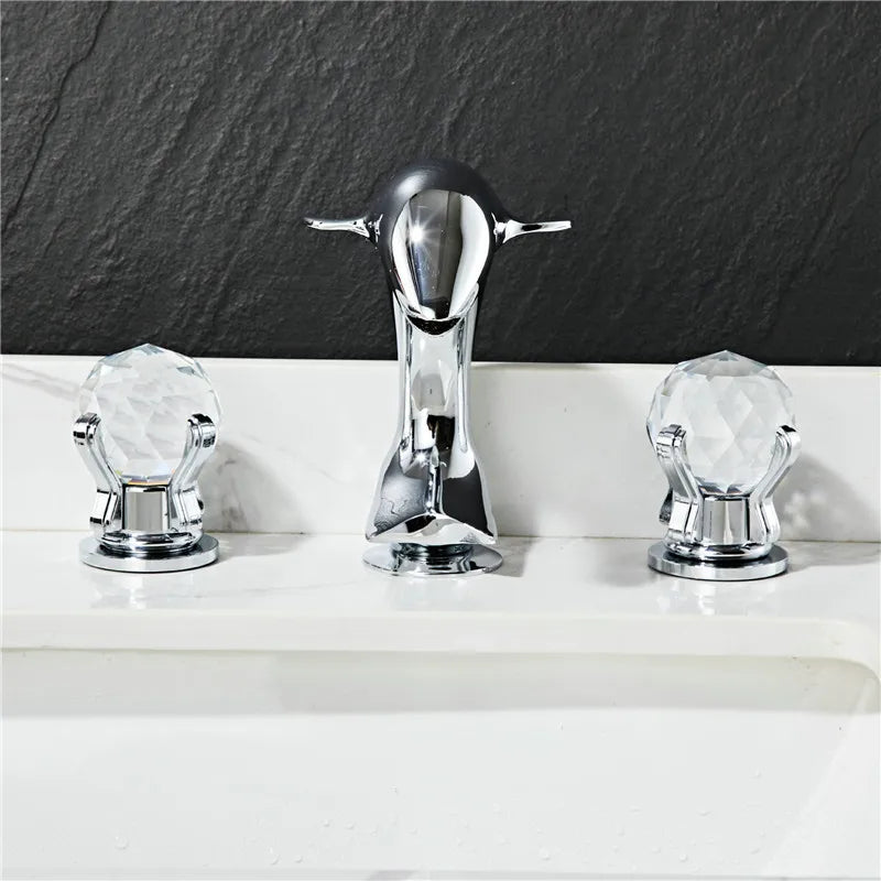 DecorBites™ Gold Basin Faucet: Brass Nickel Dolphin Bathroom Sink Faucet, 3 Hole Widespread
