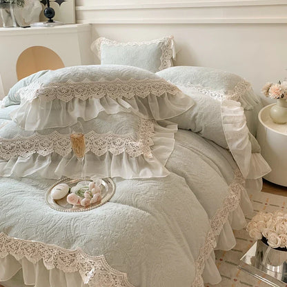DecorBites™ French Lace Ruffles Velvet Bedding Set, Furry Duvet, Sheet, Pillowcases