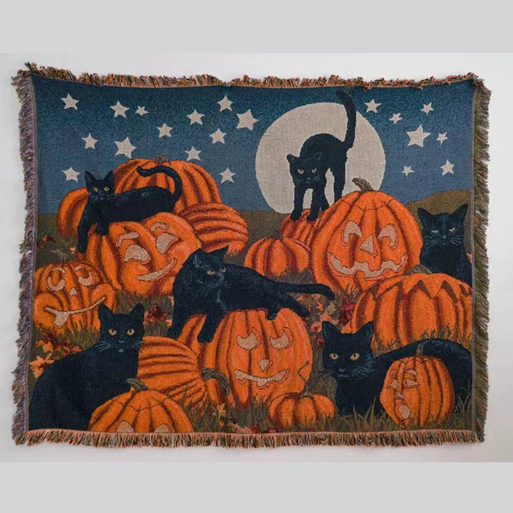Decorbites™ Halloween-Schwarze-Katze-Gestrickte-Decke – Gemütlicher Sofawurf für Herbst/Winter