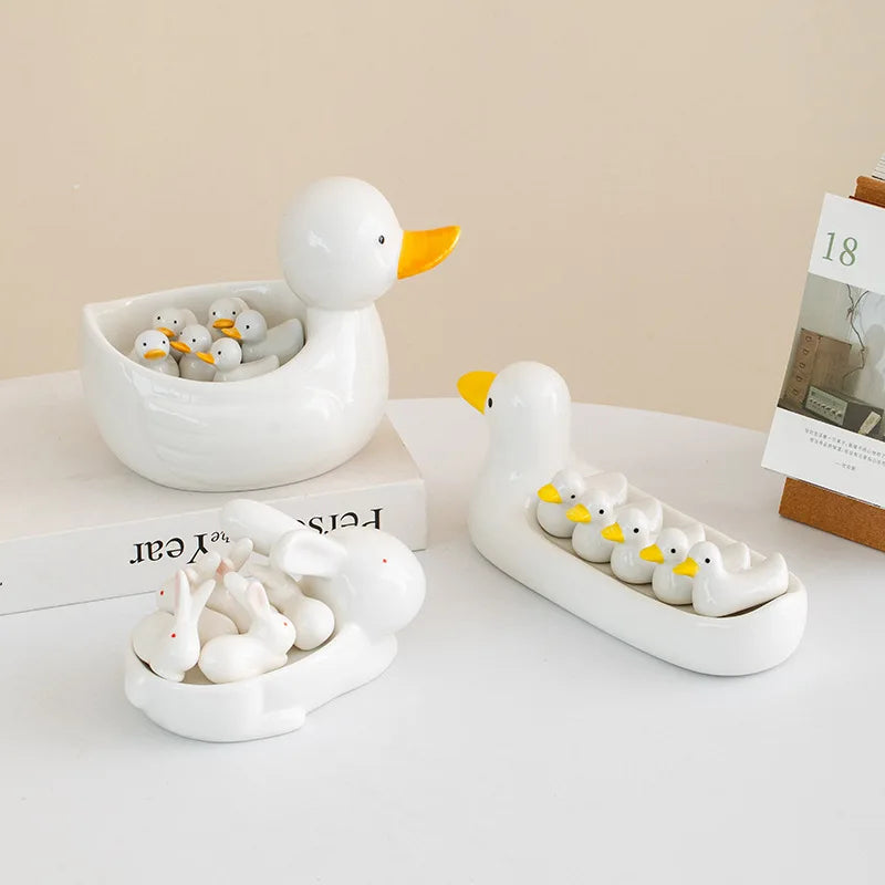 Decorbites™ Entenhaltes-Stäbchenhalter-Tablett Weißer-Hase-Porzellan-Teller Heimdekoration