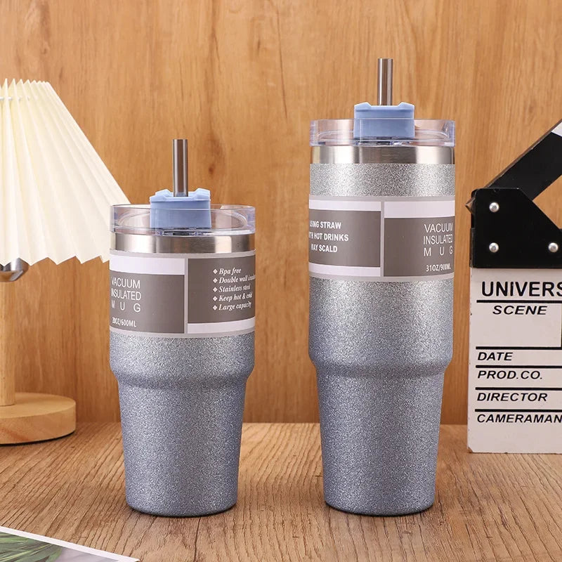 DecorBites™ Double Wall Insulated Stainless Steel Water Bottle with Straw - Large Capacity Mug