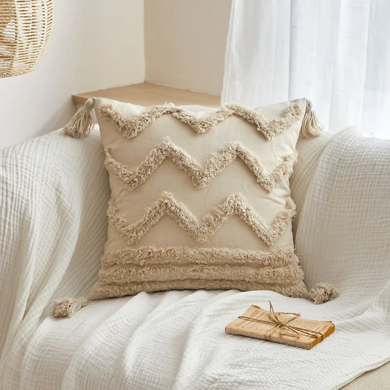 Decorbites™ Geometrisches Tufted Quasten Kissenbezug aus Baumwoll-Leinen Herbst-Kissenbezug
