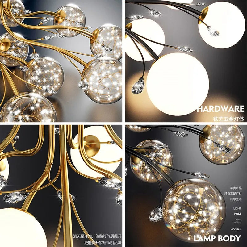 Decorbites™ Glas-Blase-Kugel-LED-Deckenleuchte in Schwarz-Gold-Kristall für Schlafzimmer & Wohnzimmer