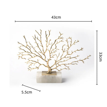 DecorBites™ Coral Tree Sculpture: Gold Metal Decorative Figurine on Marble Base