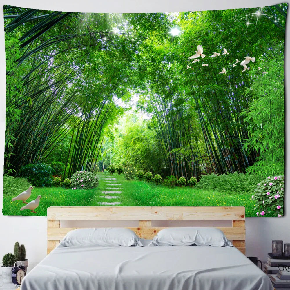 Decorbites™ Bambuswald-Taubenpfad-Gobelin: Hippie-psychedelischer Wandbehang für natürliche Heimdekoration