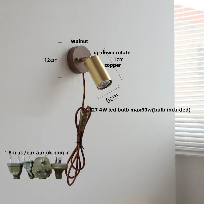 DecorBites™ LED Walnut Wood Wall Light Fixture Clear Glass Sconce Bedside Lamp
