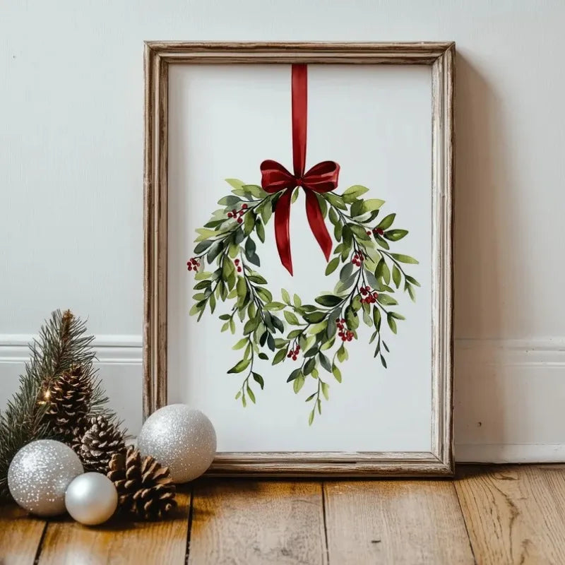 Christmas Wreath Print, Christmas Bow Print Red Bow Holiday Decor Xmas Poster Red Christmas Bow Wall Art Prints