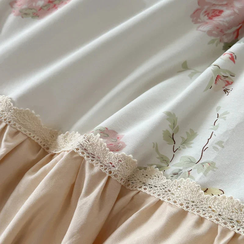 Decorbites™ Koreanische Prinzessin-Stil Blumen-Baumwoll-Bettwäsche-Set mit Rüschen