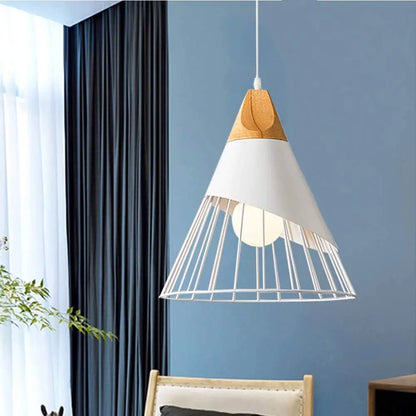 Nordic White Iron Pendant Light With Wood Accent