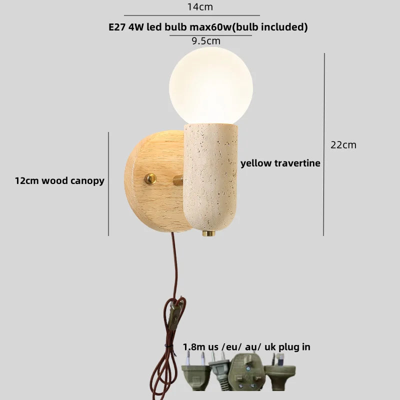 DecorBites™ LED Wall Light Fixture Travertine Stone Wood Canopy Bedside Lamp