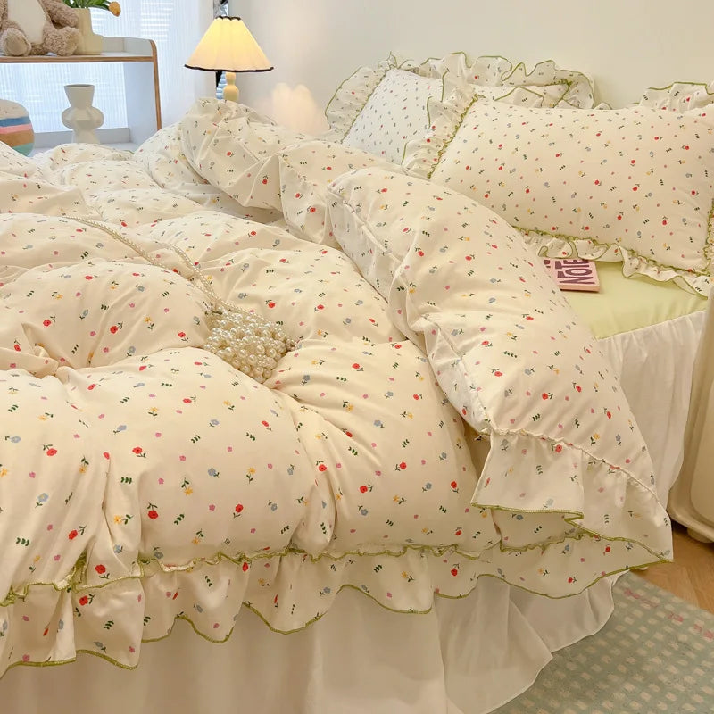 Decorbites™ Koreanische Prinzessin Blumenmuster-Bettwäsche-Set aus gewaschener Baumwolle für Mädchen