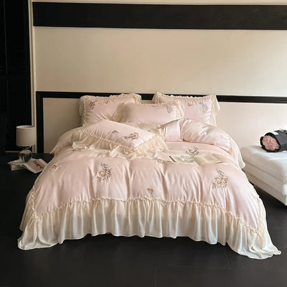 DecorBites™ Flowers Embroidery Lace Ruffles Bedding Set in Soft Lyocell Fabric