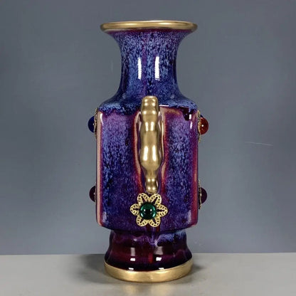 Decorbites™ Jun-Porzellan-Vase mit vergoldeten Einlagen aus Edelsteinen - Chinesische Wohnzimmer-Dekoration