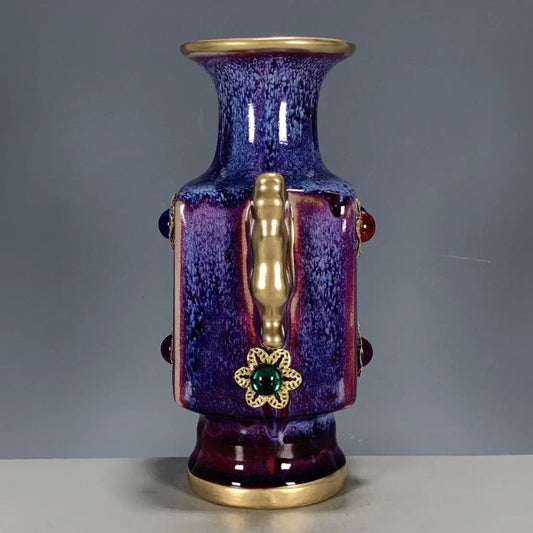 Decorbites™ Jun-Porzellan-Vase mit vergoldeten Einlagen aus Edelsteinen - Chinesische Wohnzimmer-Dekoration