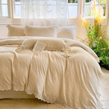 DecorBites™ French Lace Ruffles Bedding Set Queen King Size 4Pcs