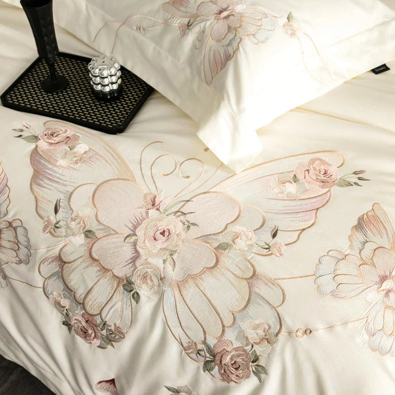 Decorbites™ Luxus-Schmetterlingsblumen-Stickerei-Bettwäsche-Set 800TC Ägyptische Baumwolle Daunenbezüge Laken Kissenbezüge