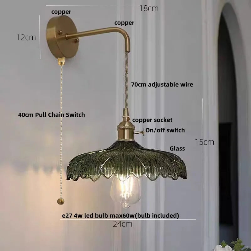 Decorbites™ Amber Vintage LED Wandlampe Glas Kupfer Zugschalter für Schlafzimmer