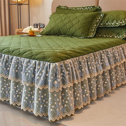 DecorBites™ Cotton Lace Ruffles Quilted Bed Skirt Set with Pillowcases