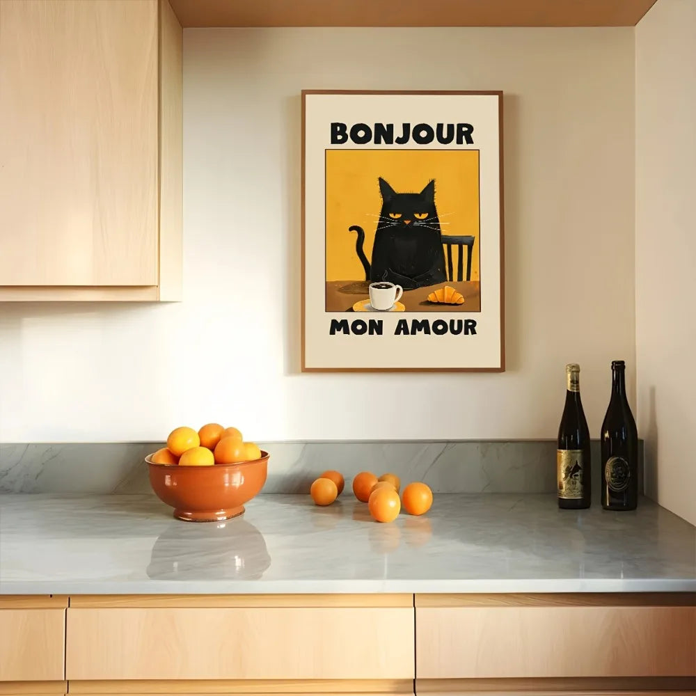 1pc Frameless Black Cat Breakfast Art Poster Retro Style Bonjour Canvas Painting for Dining Room or Bedroom Wall  Art Decoration