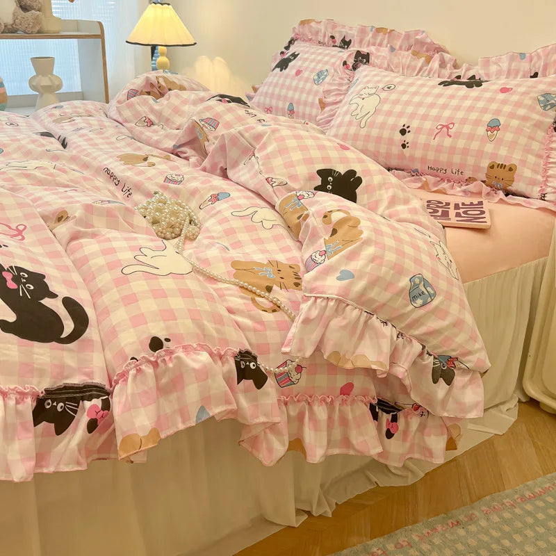 Decorbites™ Koreanische Prinzessin Blumenmuster-Bettwäsche-Set aus gewaschener Baumwolle für Mädchen