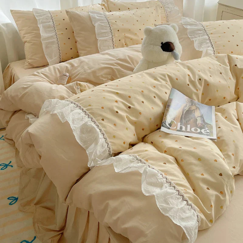 Decorbites™ Baumwoll-Bettwäsche-Set Kleine Blumenmuster Prinzessin - Queensize - Daunendeckelbezug Bettlaken Bettrock Kissenbezüge