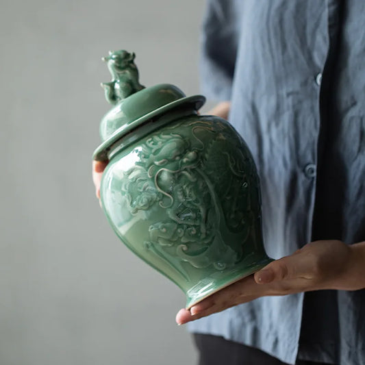 DecorBites™ Dragon Relief Porcelain Tea Caddy Vintage Storage Jar