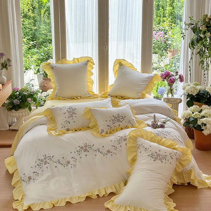 Decorbites™ Koreanische Prinzessin Spitzen-Volants-Blumen-Stickerei-Bettwäsche-Set mit 100% Baumwollqualität.