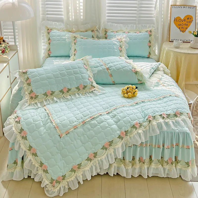 Decorbites™ Koreanische Prinzessinnen-Bettwäsche: Blumen, Spitze, Rüschen, Stickerei, Steppung, Bettbezug, Überdecke