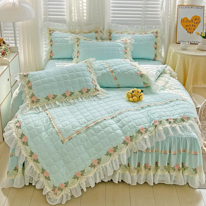 Decorbites™ Koreanische Prinzessinnen-Bettwäsche: Blumen, Spitze, Rüschen, Stickerei, Steppung, Bettbezug, Überdecke