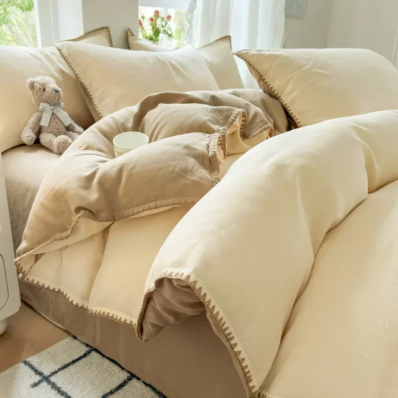 DecorBites™ Double-Layer Cotton Bedding Set - Soft, Skin-Friendly Solid Cover for Single Queen Bed