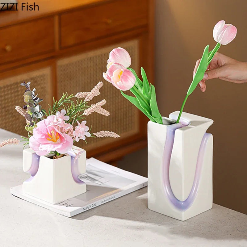 Decorbites™ Geometrische Blöcke Vase: Dekoration für den Schreibtisch mit Farbverlauf und künstlichen Blumen