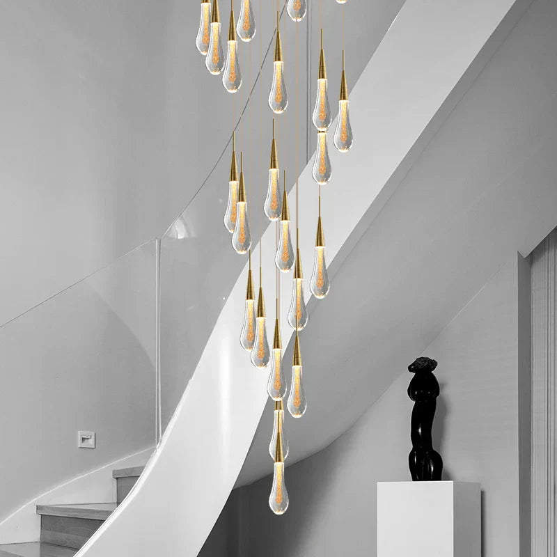 DecorBites™ Crystal Tear Drop Chandelier for Staircase, LED Pendant Light in Gold - Indoor Decor