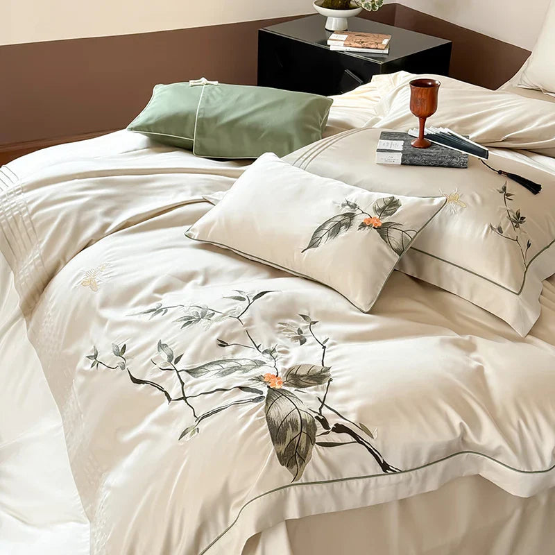 Decorbites™ Deluxe Lyocell-Baumwoll-Stickerei-Bettwäsche-Set – Weiches, seidenweiches, atmungsaktives Luxus-Bett-Set