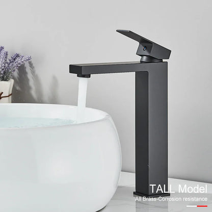 DecorBites™ Black Brass Square Basin Faucet: Bathroom Washbasin Mixer Tap, Single Handle Tall Model.
