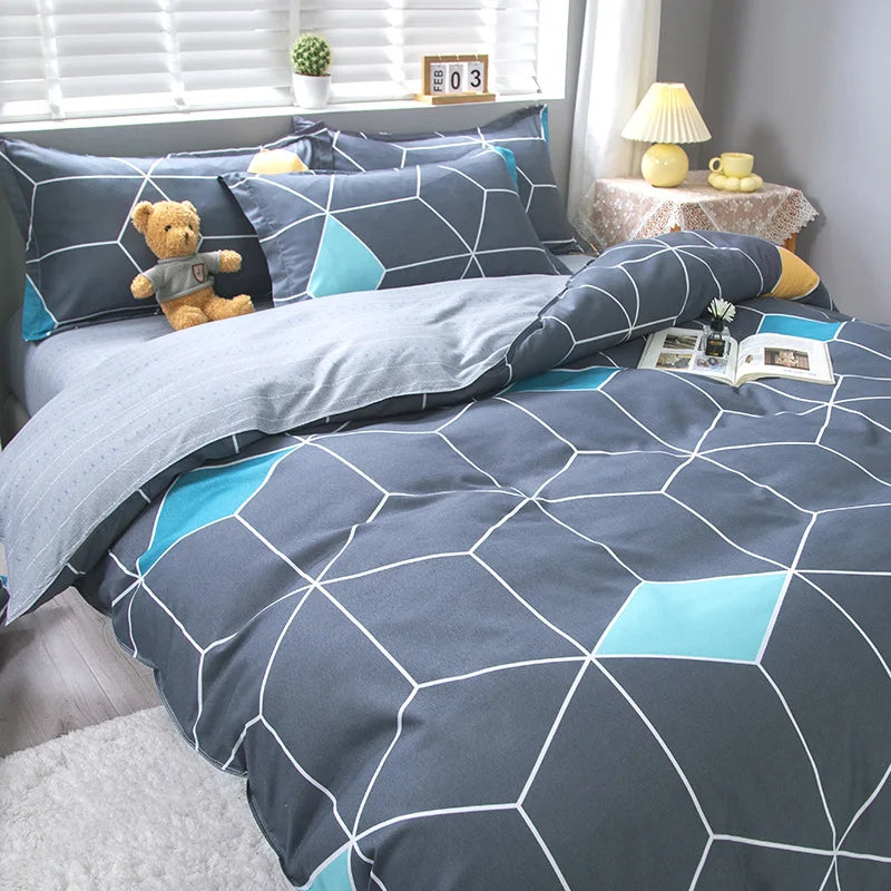 Decorbites™ Geometrisches Blumenmuster-Bettwäsche-Set mit Steppdecke, Bettbezug, Laken und Kissen