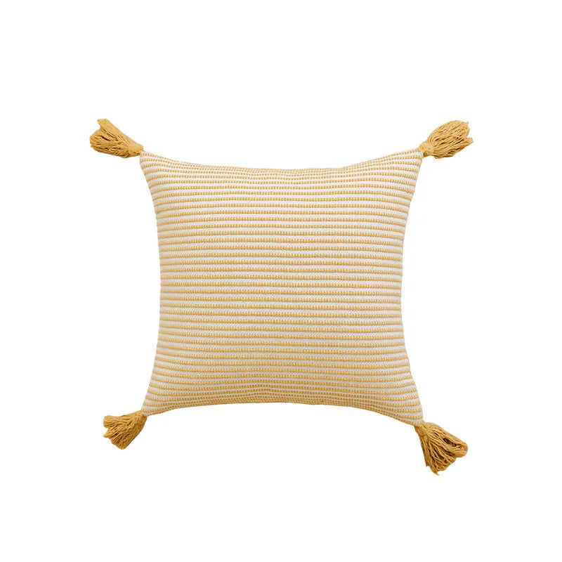 Decorbites™ Geometrisches Tufting-Kissenbezug mit Häkelquasten – Nordisches Gelbes Gestreiftes Kissenbezug