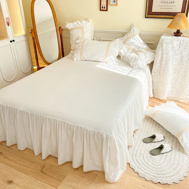Decorbites™ Französisches Vintage Rüschen-Stickerei Bettwäsche-Set, Cremewhite, 100% Baumwolle, Bettbezug