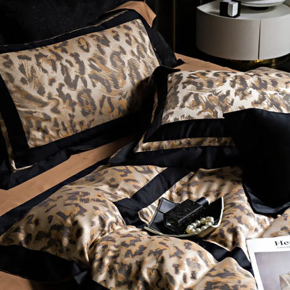 Decorbites™ Leopard Jacquard 1000TC Lyocell-Baumwoll-Bettwäsche-Set: Daunendecke, Laken, Kissenbezüge