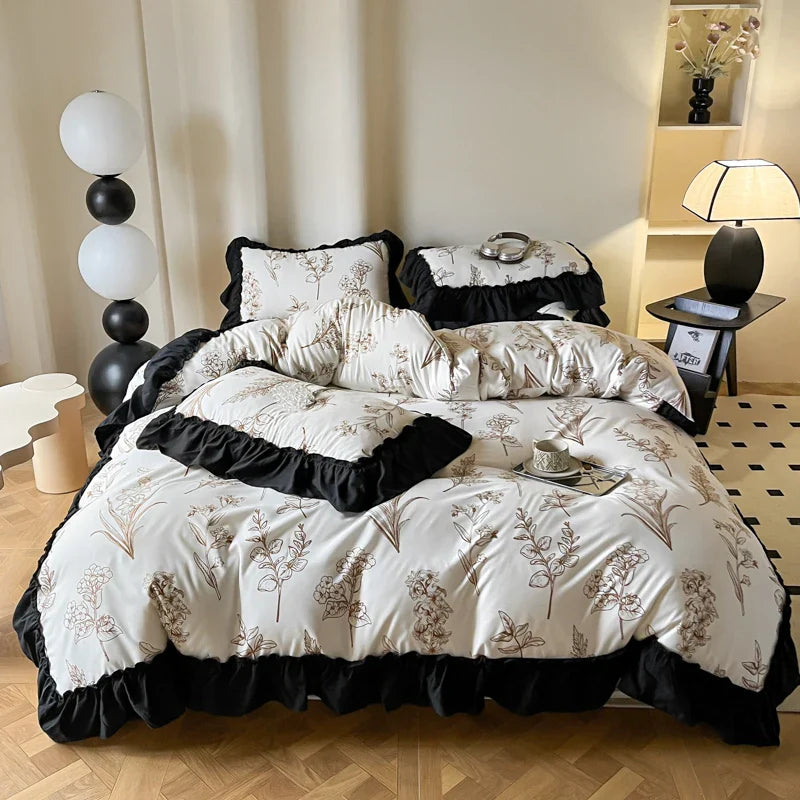 Decorbites™ Französisches Vintage Schwarz Rüschen Bettbezugsset mit Kissenbezügen, Nordisches Luxus Blumen Pflanzen Bettwäsche-Set