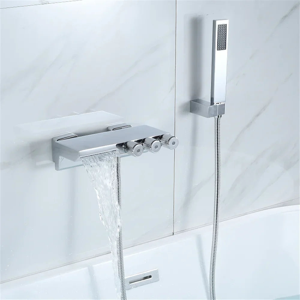 DecorBites™ Gold/Black Tub Shower Set Wall Mount Waterfall Mixer Tap Brass Rotatable
