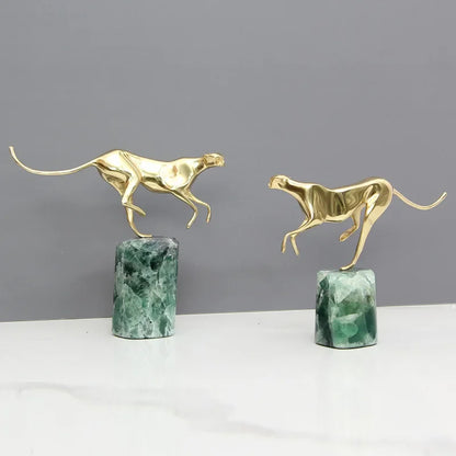 DecorBites™ Golden Leopard Brass Cheetah Figurine Green Marble Base Metal DecorAccessory