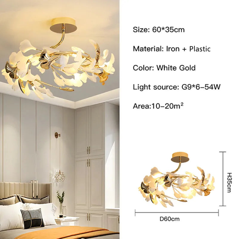Gold Branch Chandelier 125cm Porcelain Leaves