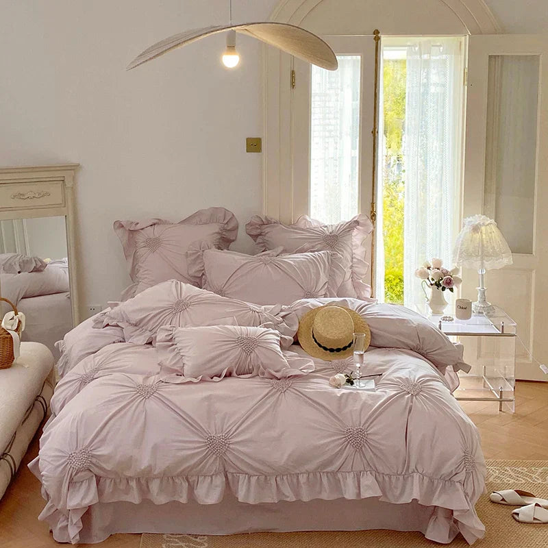 Decorbites™ Koreanische Prinzessin-Stil Bettwäsche-Set aus reinem Baumwollstoff mit Rüschen und Herzfalte